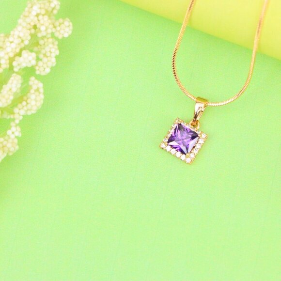 "Rose Gold Pendant with Purple Princess-Cut Stone and Crystal Border, XPPT1277 - Picture 13 of 13